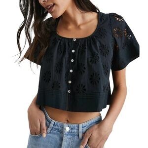Rails Bambina Eyelet Black Crop Top Button-Up Women's Top Size L Fully Lined